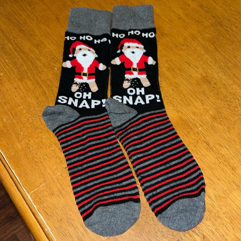 Oh Snap Gingerbread Man Santa Gray Black Red White Holiday Socks